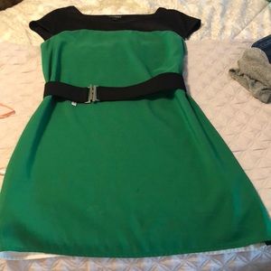 Short sleeve, silky, short dress with belt.